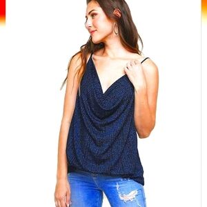UMGEE Blue metallic Lurex Cowl Neck Spaghetti Strap Top Tank. Size Medium NWT